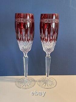 Pair of Waterford Case Cut Clarendon Ruby Red Flutes NIB