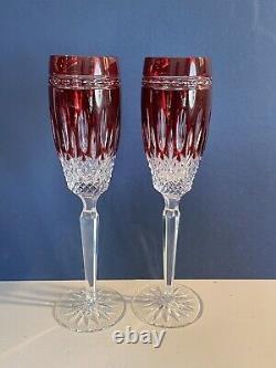 Pair of Waterford Case Cut Clarendon Ruby Red Flutes NIB