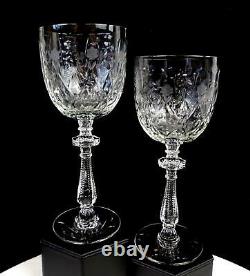 Pairpoint Crystal Cut Intaglio Floral Notched Faceted Stem 2 Pc 8 Wine Goblets