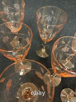 Pink Etched Floral Crystal Wine Glasses 9+ Set of 6 Large Set 10 Small