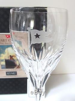 Pr STUART CRYSTAL WHITE STAR CUNARD TITANIC Wine Glasses PAIR MIB nautical yacht