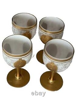 RARE 1950s IMPERLUX HANDMADE WHITE SATIN CRYSTAL & GOLD LEAFING ART WINE GLASSES