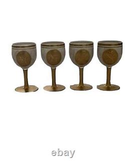 RARE 1950s IMPERLUX HANDMADE WHITE SATIN CRYSTAL & GOLD LEAFING ART WINE GLASSES