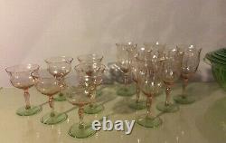RARE Tiffin Diamond Optic Etched Floral Pink Green Vaseline Glasses Set Of 12