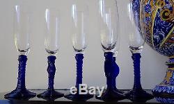 RARE set 8 Cristal de Sevres Crystal cobalt blue Stem champagne Wine Goblet 9