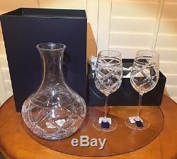 Ralph Lauren Crystal Brogan 61oz Wine/Vino Decanter & 2 Brogan Wine Glasses NIB