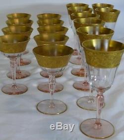 Rare 17 Antique Crystal Gold Dipped Etched Pink Wine & Sherbets Stemware Glasses