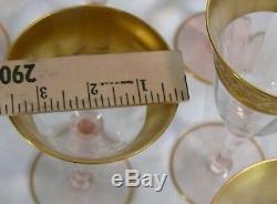 Rare 17 Antique Crystal Gold Dipped Etched Pink Wine & Sherbets Stemware Glasses
