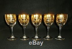 Rare Antique BACCARAT Crystal 5 x Wine Goblet with Rich Imperial Gold Decoration
