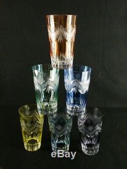 Rare Antique BACCARAT Crystal Glass 6 x Engraved Multi-Color Beer / Wine Tumbler