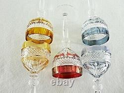 Rare Antique BACCARAT Flawless Crystal 5 x Multi-Colored Wine Goblet with Deep Cut