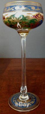 Rare Fritz Heckert c. 1883 Enameled, Silver, Gold Crystal Wine Glass 6 Facet Stem