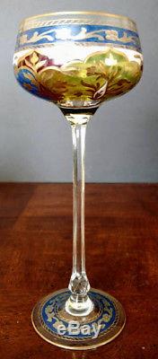 Rare Fritz Heckert c. 1883 Enameled, Silver, Gold Crystal Wine Glass 6 Facet Stem