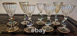 Rare Italy Colored Crystal Dolphin Stem 6 Ribbed Wine Glass Set Of 8 Gold Gilt Rare Italy Colored Crystal Dolphin Stem 6 Ribbed Wine Glass Set Of 8 Gold Gilt