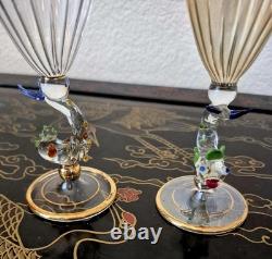 Rare Italy Colored Crystal Dolphin Stem 6 Ribbed Wine Glass Set Of 8 Gold Gilt Rare Italy Colored Crystal Dolphin Stem 6 Ribbed Wine Glass Set Of 8 Gold Gilt