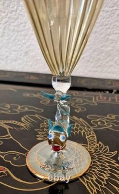 Rare Italy Colored Crystal Dolphin Stem 6 Ribbed Wine Glass Set Of 8 Gold Gilt Rare Italy Colored Crystal Dolphin Stem 6 Ribbed Wine Glass Set Of 8 Gold Gilt