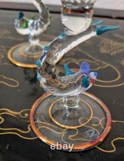 Rare Italy Colored Crystal Dolphin Stem 6 Ribbed Wine Glass Set Of 8 Gold Gilt Rare Italy Colored Crystal Dolphin Stem 6 Ribbed Wine Glass Set Of 8 Gold Gilt