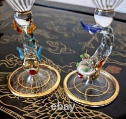 Rare Italy Colored Crystal Dolphin Stem 6 Ribbed Wine Glass Set Of 8 Gold Gilt Rare Italy Colored Crystal Dolphin Stem 6 Ribbed Wine Glass Set Of 8 Gold Gilt