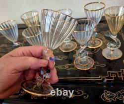 Rare Italy Colored Crystal Dolphin Stem 6 Ribbed Wine Glass Set Of 8 Gold Gilt Rare Italy Colored Crystal Dolphin Stem 6 Ribbed Wine Glass Set Of 8 Gold Gilt