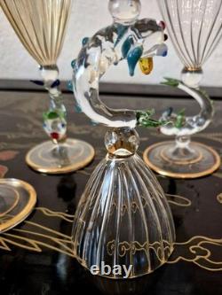 Rare Italy Colored Crystal Dolphin Stem 6 Ribbed Wine Glass Set Of 8 Gold Gilt Rare Italy Colored Crystal Dolphin Stem 6 Ribbed Wine Glass Set Of 8 Gold Gilt