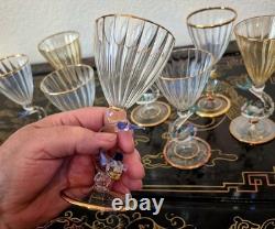 Rare Italy Colored Crystal Dolphin Stem 6 Ribbed Wine Glass Set Of 8 Gold Gilt Rare Italy Colored Crystal Dolphin Stem 6 Ribbed Wine Glass Set Of 8 Gold Gilt