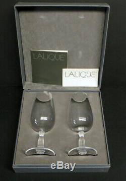 Rare Pair of Lalique Crystal Lougsor Pattern Stemware Wine Glasses MIB