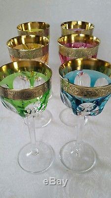 Rare c1910 MOSER KARLSBAD CUT TO CLEAR CRYSTAL GOLD ENCRUSTED WINE GOBLETS