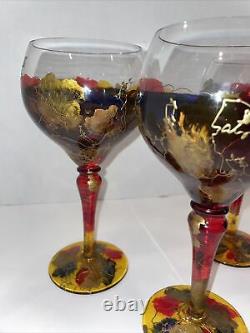 Royal Danube Crystal Wine Stemware Abstract Hand Painted Set Of 4 Gold Drizzle