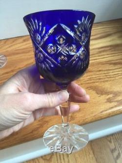 S/6 Crystal Cobalt Blue Cut To Clear Wine Glasses Poland Exc
