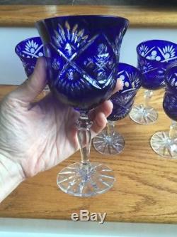 S/6 Crystal Cobalt Blue Cut To Clear Wine Glasses Poland Exc
