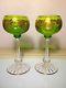 SAINT ST. LOUIS Massenet Gold Encrusted French Crystal Pair (2) Green Hock Wines