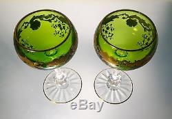 SAINT ST. LOUIS Massenet Gold Encrusted French Crystal Pair (2) Green Hock Wines