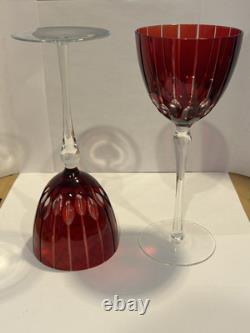 SET (2) Murano Crystal Cut Wine Glasses Ruby Red Purchased Italy Artist Signed