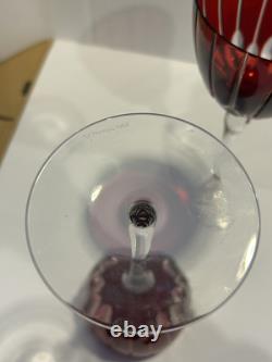 SET (2) Murano Crystal Cut Wine Glasses Ruby Red Purchased Italy Artist Signed