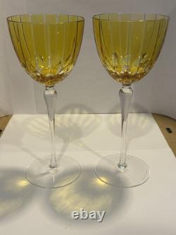 SET (2) Murano Crystal Wine Glasses Yellow Amber Purchased Italy Artist Signed