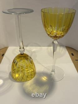 SET (2) Murano Crystal Wine Glasses Yellow Amber Purchased Italy Artist Signed