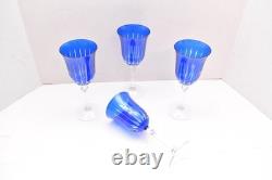 SET 4 BOHEMIAN CZECH CUT TO CLEAR CRYSTAL Wine GLASSES Goblets Cobalt Blue