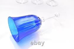 SET 4 BOHEMIAN CZECH CUT TO CLEAR CRYSTAL Wine GLASSES Goblets Cobalt Blue