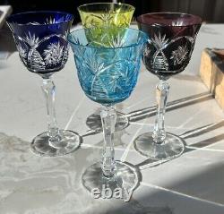 SET 4 BOHEMIAN CZECH CUT TO CLEAR CRYSTAL Wine Glasses GOBLETS Multi Colored 7