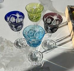 SET 4 BOHEMIAN CZECH CUT TO CLEAR CRYSTAL Wine Glasses GOBLETS Multi Colored 7