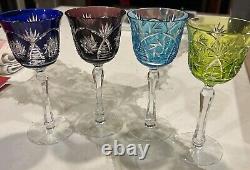 SET 4 BOHEMIAN CZECH CUT TO CLEAR CRYSTAL Wine Glasses GOBLETS Multi Colored 7