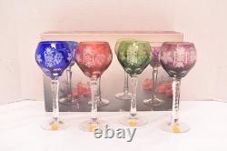 SET 4 BOHEMIAN CZECH CUT TO CLEAR Hock Wine GLASSES Goblets Multicolor NOS w BOX
