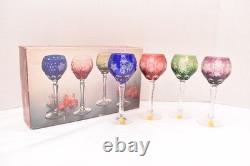 SET 4 BOHEMIAN CZECH CUT TO CLEAR Hock Wine GLASSES Goblets Multicolor NOS w BOX
