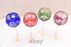 SET 4 BOHEMIAN CZECH CUT TO CLEAR Hock Wine GLASSES Goblets Multicolor NOS w BOX