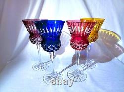 SET 4 Crystal Multi Colored Wine Glasses CUT TO CLEAR- Blue Red Gold Purple