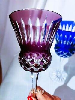 SET 4 Crystal Multi Colored Wine Glasses CUT TO CLEAR- Blue Red Gold Purple