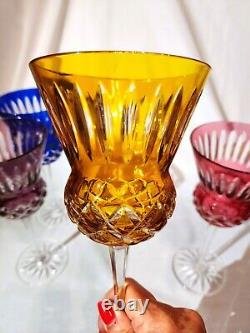 SET 4 Crystal Multi Colored Wine Glasses CUT TO CLEAR- Blue Red Gold Purple