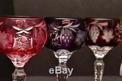 SET 4 Multi colored BOHEMIAN CUT TO CLEAR CRYSTAL WINE HOCK GOBLET STEM GLASS