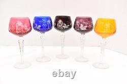 SET 5 BOHEMIAN CZECH CUT TO CLEAR CRYSTAL Hock Wine GLASSES Goblets Multicolor