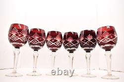 SET 6 BOHEMIAN CZECH CUT TO CLEAR CRYSTAL Wine Hocks Glasses Goblet RUBY RED VTG